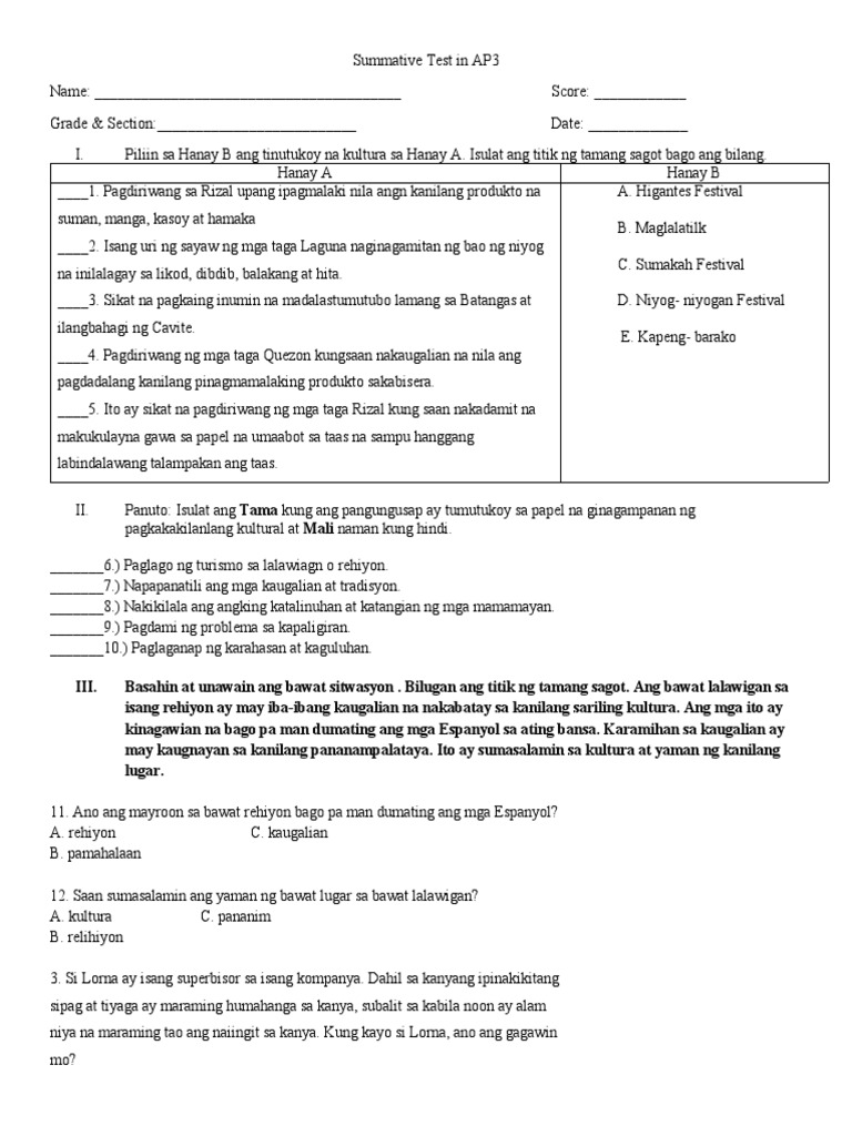 Summative Test in AP3 | PDF