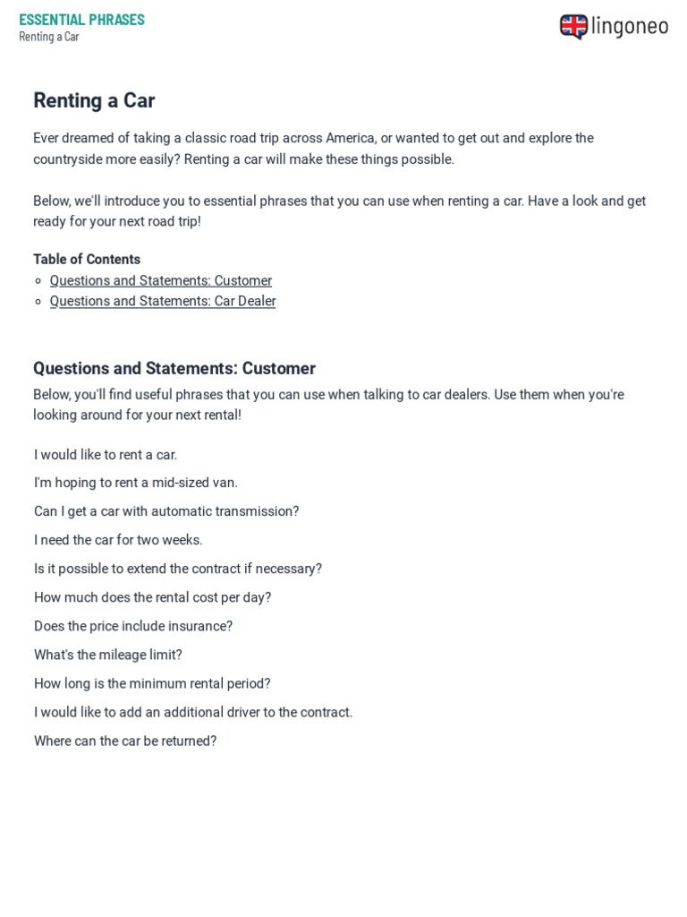 Essential Phrases for Car Rentals | PDF | Car Rental | Car