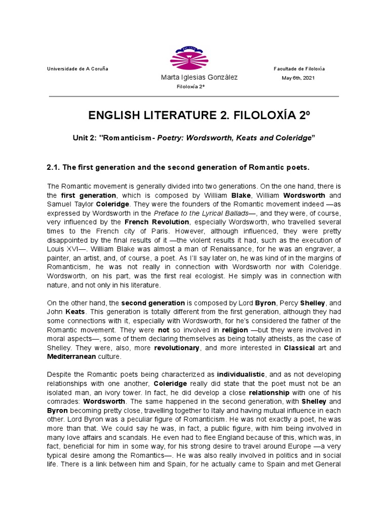 Unit 2 English Literature 2 Marta Iglesias Pdf William Wordsworth
