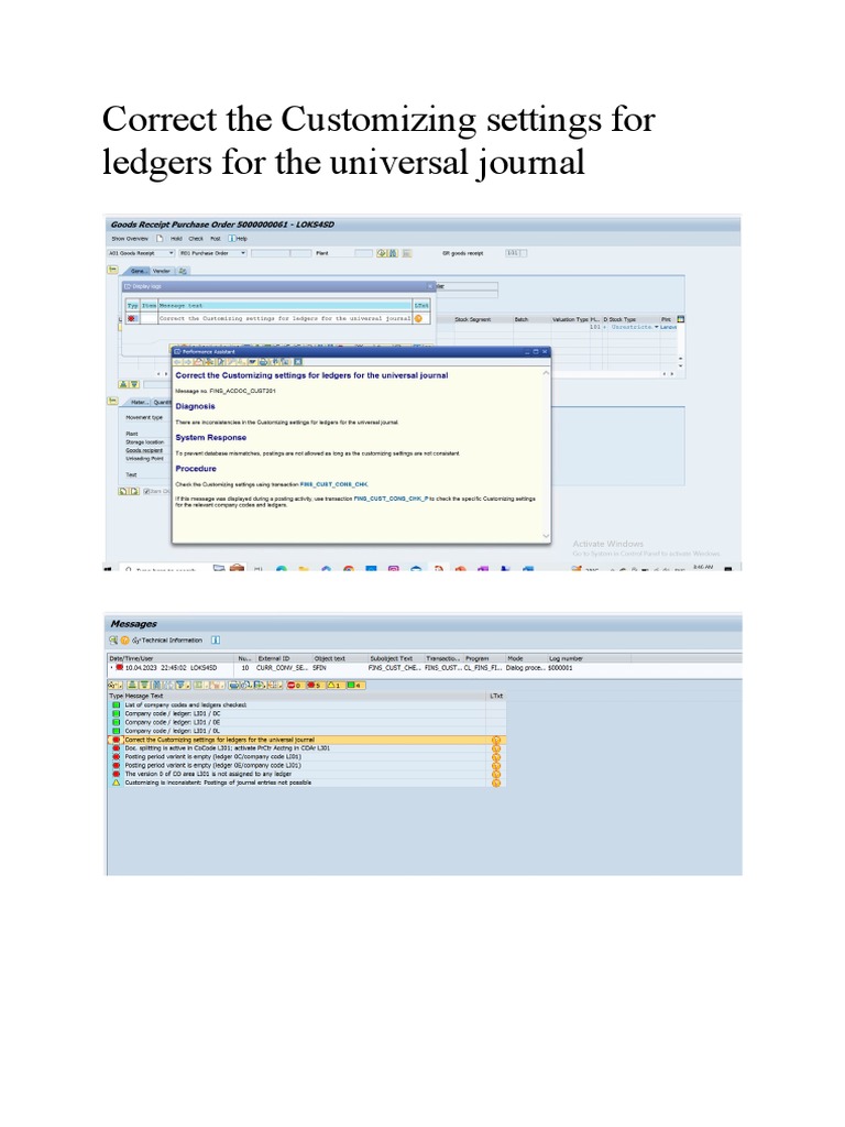 Correct The Customizing Settings For Ledgers For The Universal 