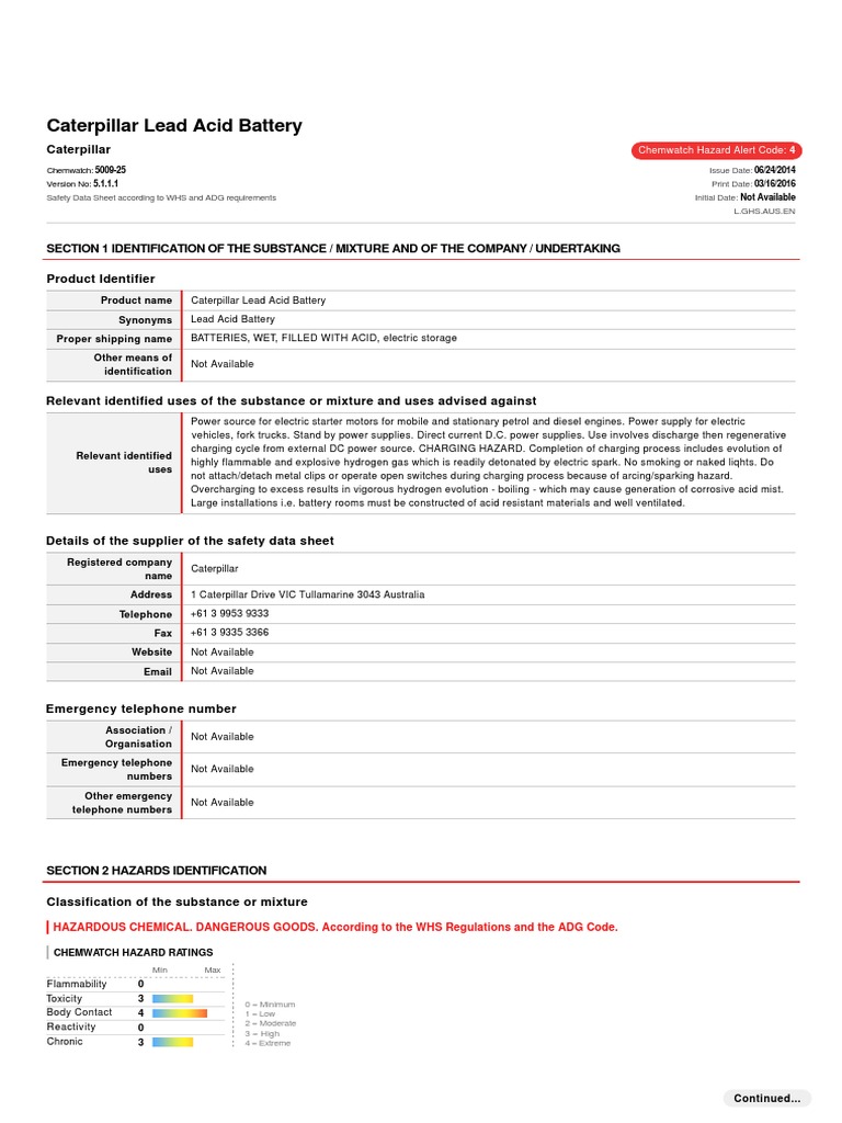 SDSCaterpillar Lead Acid Battery PDF Toxicity Lead