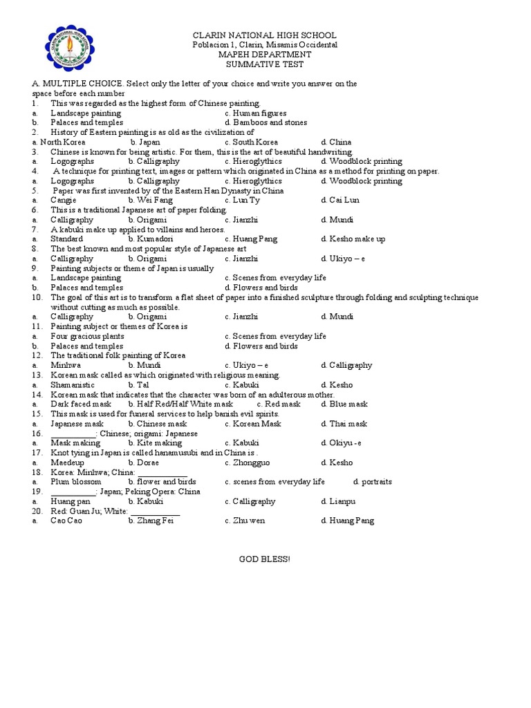 Summative Test Arts 8 Pdf Origami Japanese Art