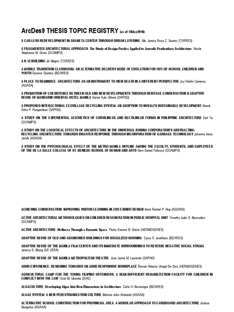 Architectural Thesis Topics Compilation | PDF | Philippines | Manila