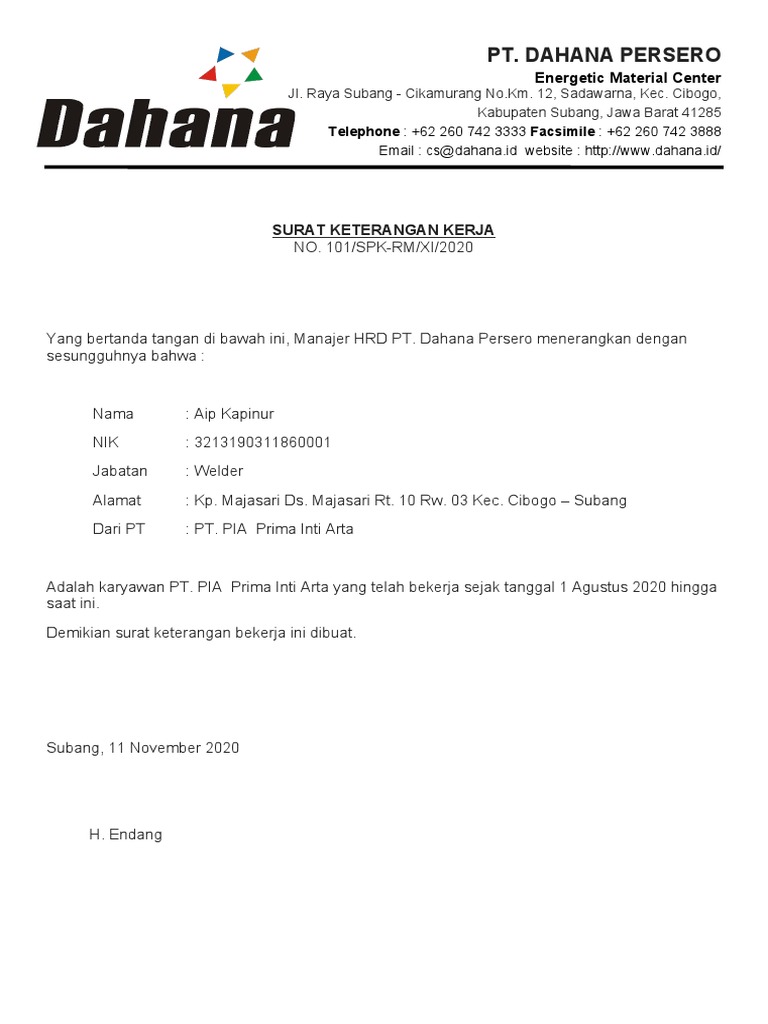 Surat Keterangan Kerja | PDF