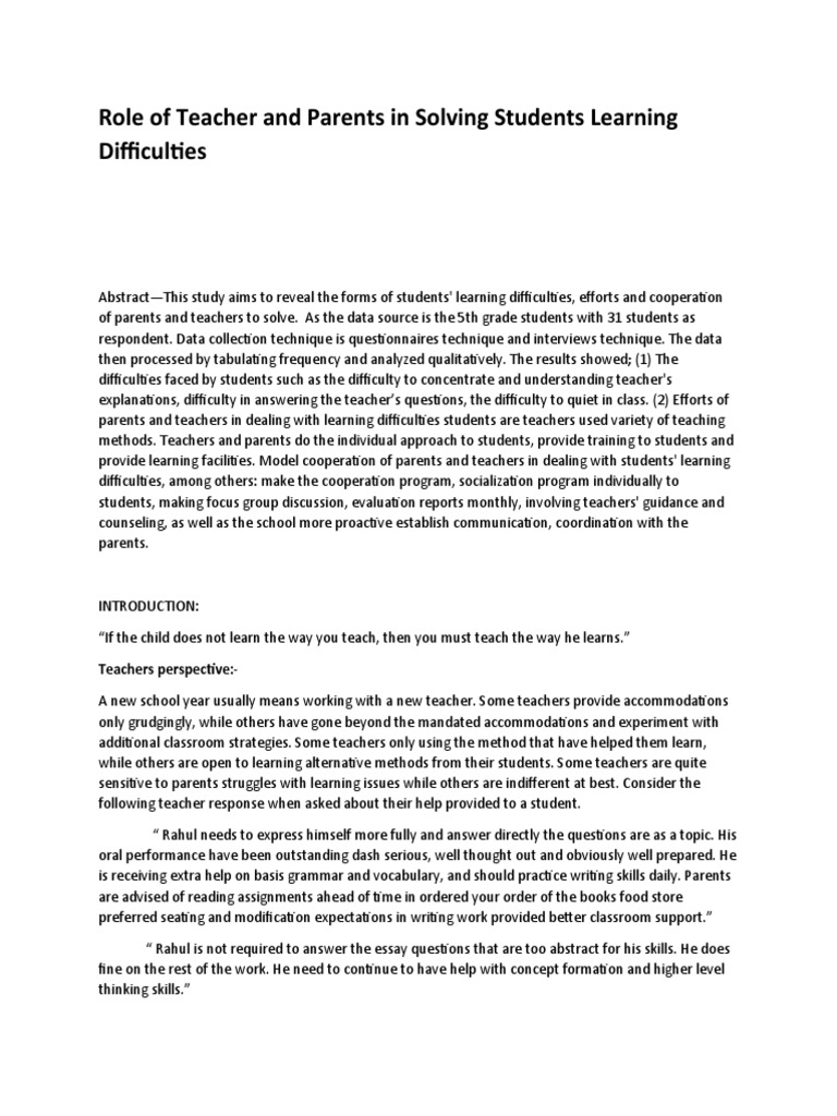 Role of Teacher and Parents in Solving Students Learning Difficulties ...