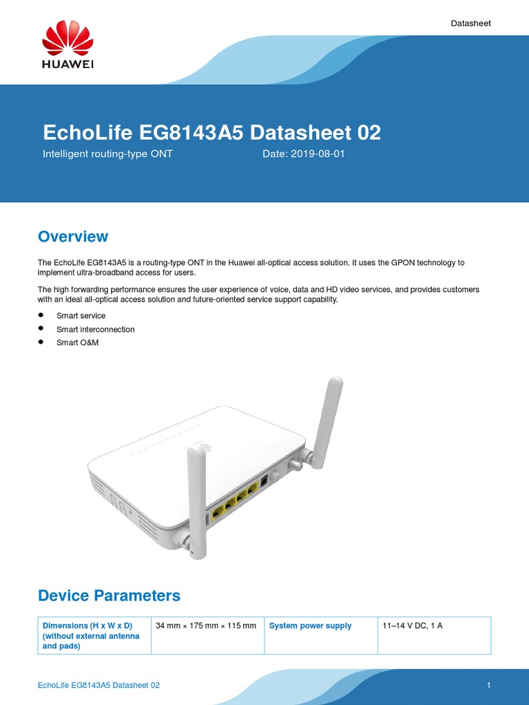 Echolife Eg8143A5 Datasheet 02: Intelligent Routing-Type Ont Date: 2019