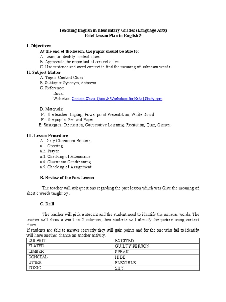 Teaching Context Clues in English 5 | PDF | Teachers | Lesson Plan