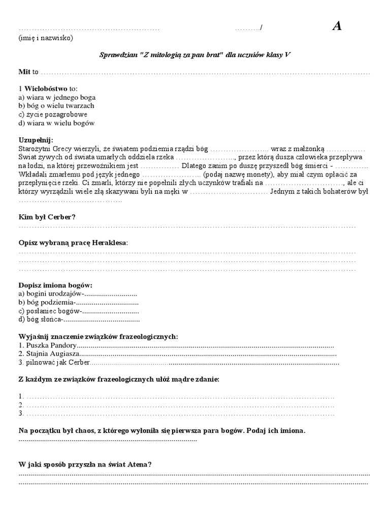 Test Z Mitologii Klasa 5 Mitologia Sprawdzian Kl. 5 | PDF
