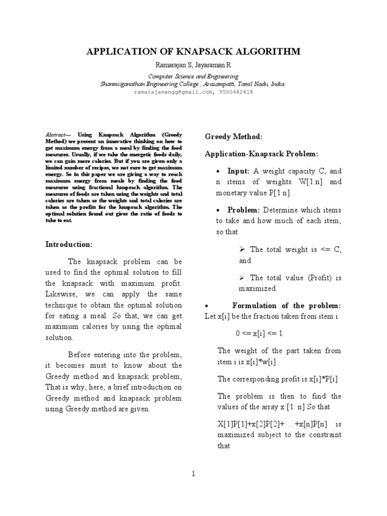 Application Of Knapsack Algorithm