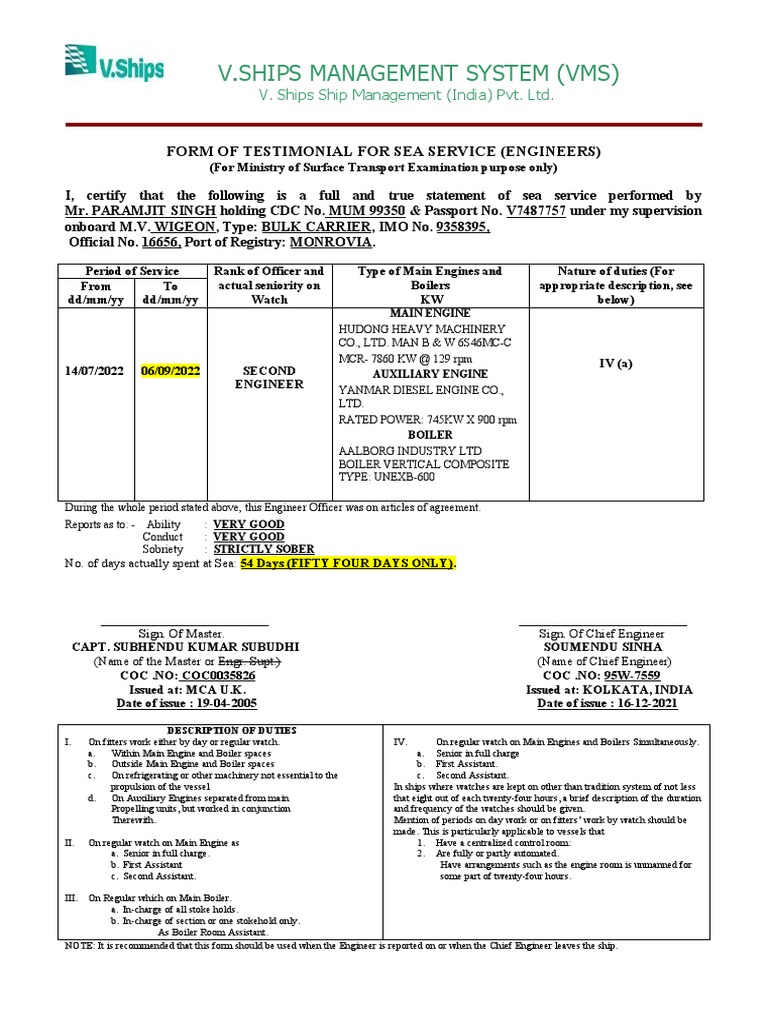 Sea Service Testimonial for Engineers | PDF | Marine Propulsion ...