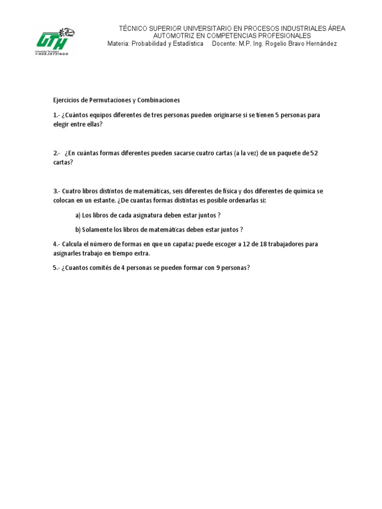 Ejercicios de Permutaciones y Combinaciones | PDF