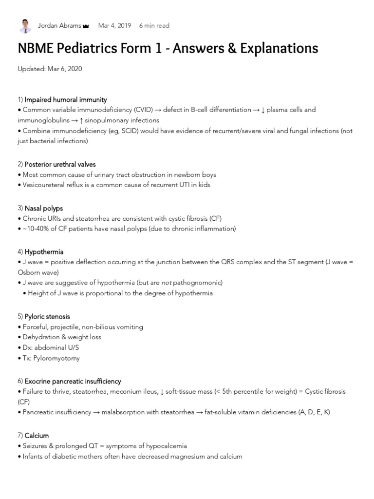 Nbme pediatrics form 1 answers explanations jordan abrams mar 4