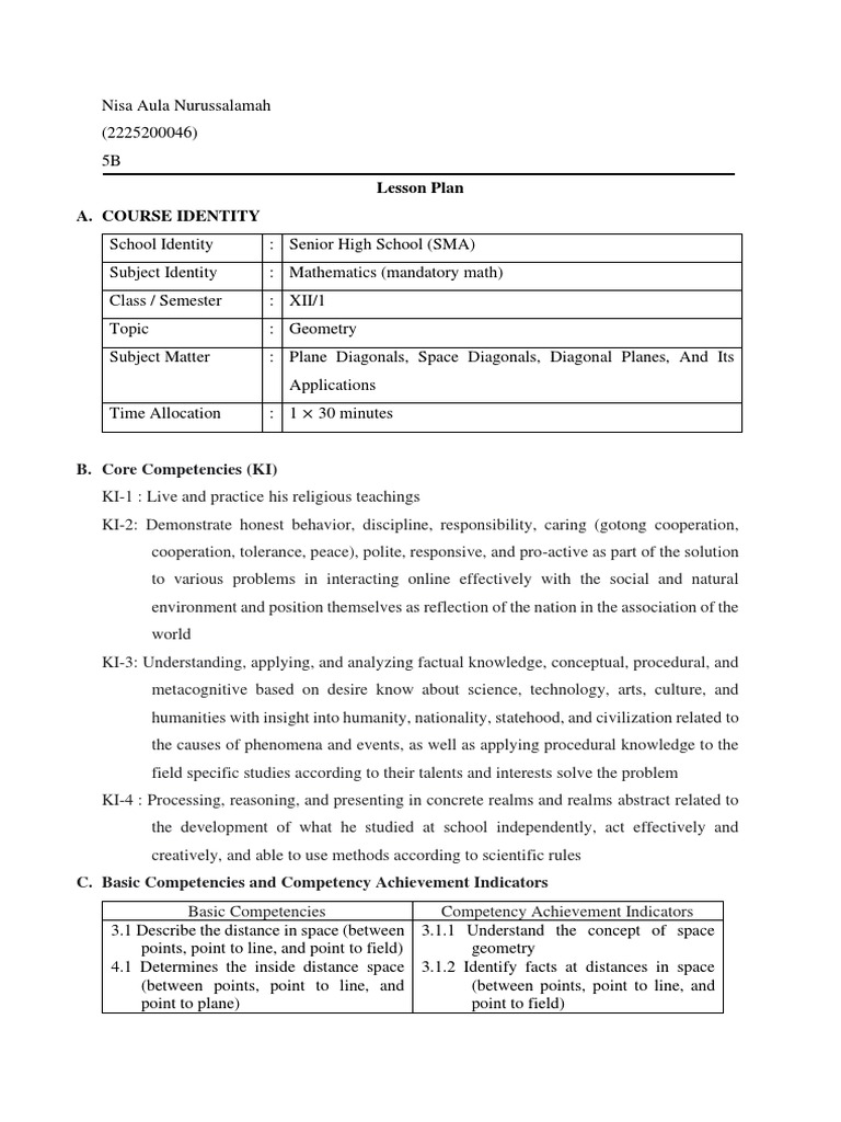 Lesson Plan A. Course Identity: B. Core Competencies (KI) | PDF ...