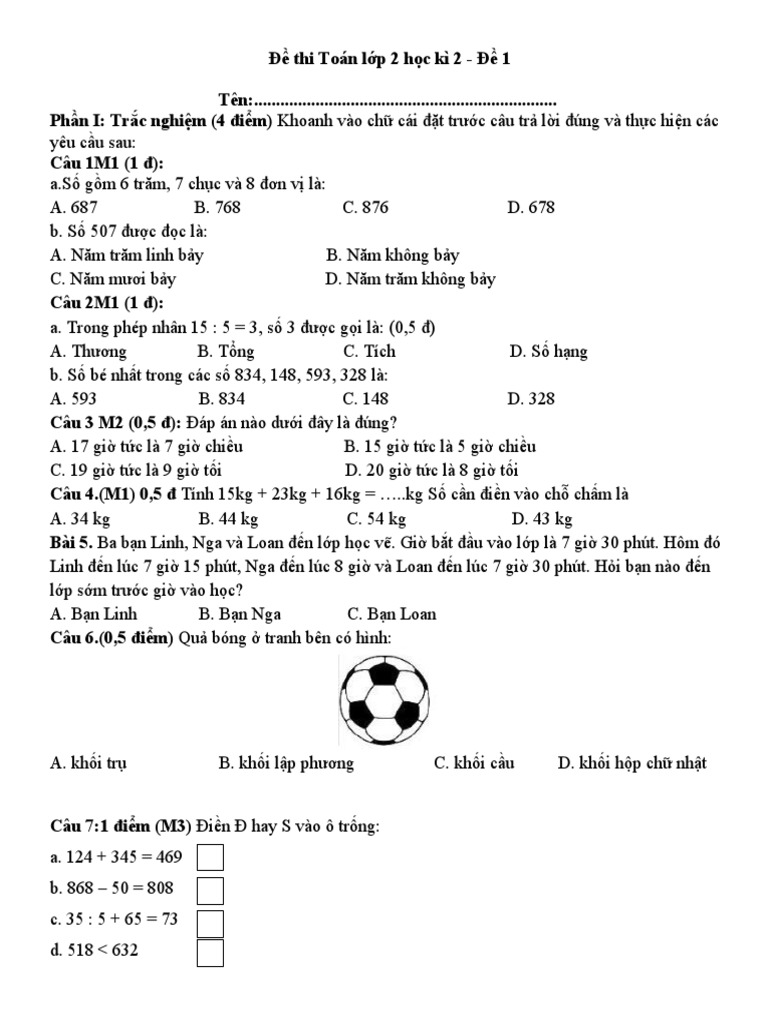 Đề thi Toán lớp 2 học kì 2 | PDF