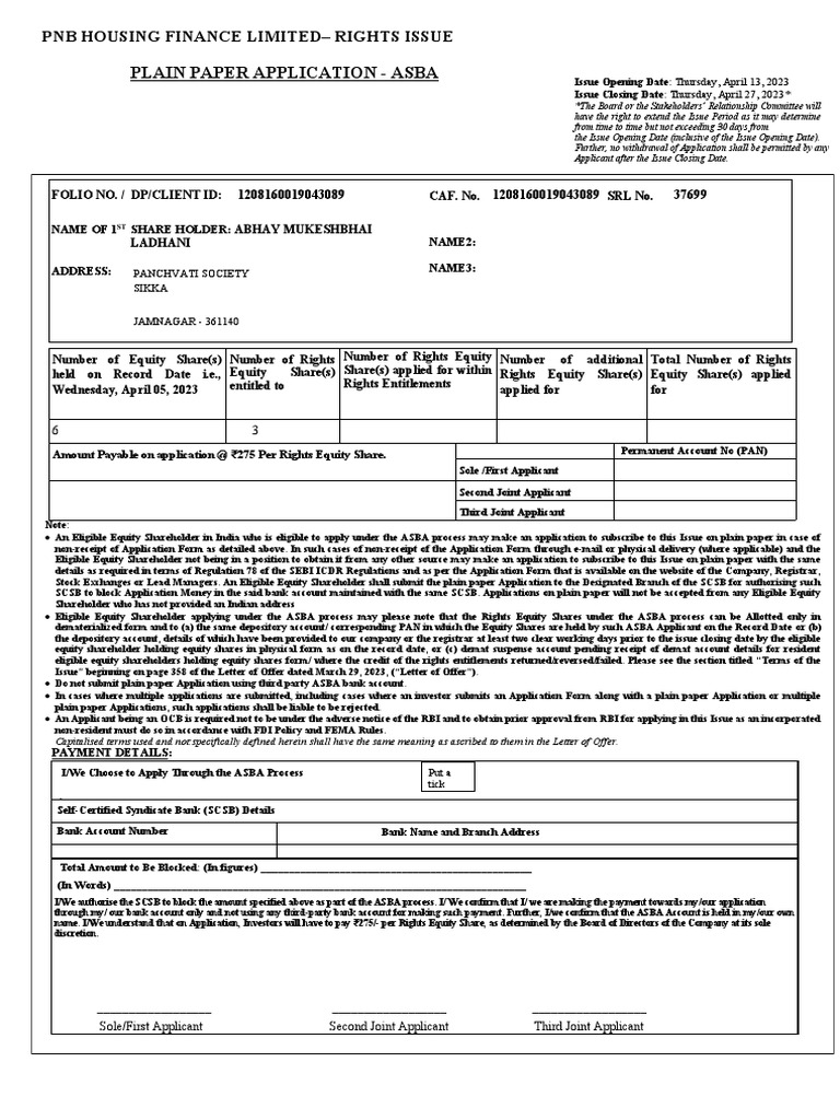 PNB Housing Finance Limited Rights Issue Plain Paper Application