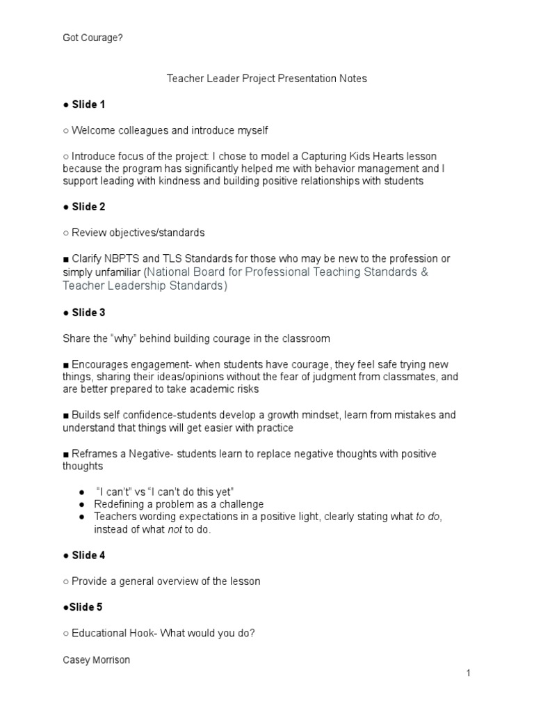 Teacher Leader Project Presentation Notes | PDF | Teachers | Courage