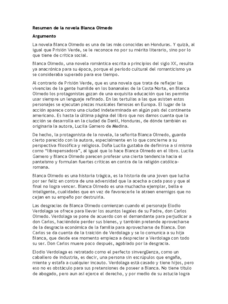 Resumen de La Novela Blanca Olmedo PDF