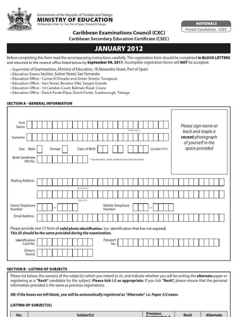 CSEC Registration Form for Private Candidates | PDF | Career & Growth ...