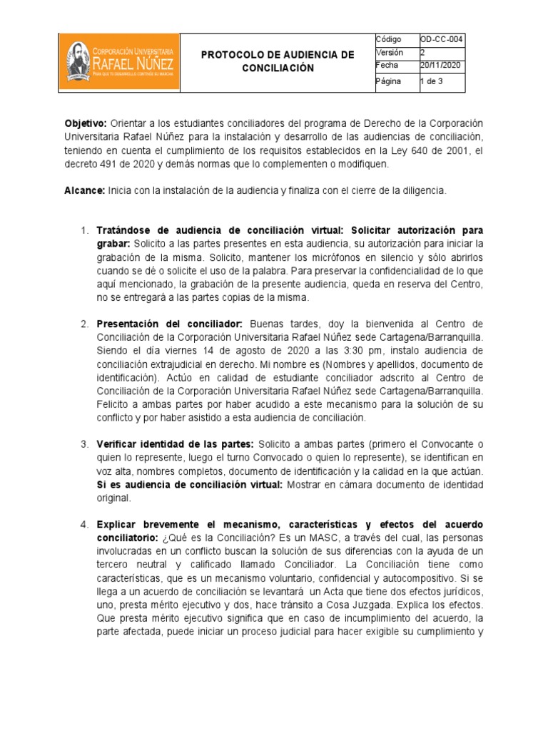 Protocolo de Audiencia de Conciliación | PDF | Justicia | Crimen y ...