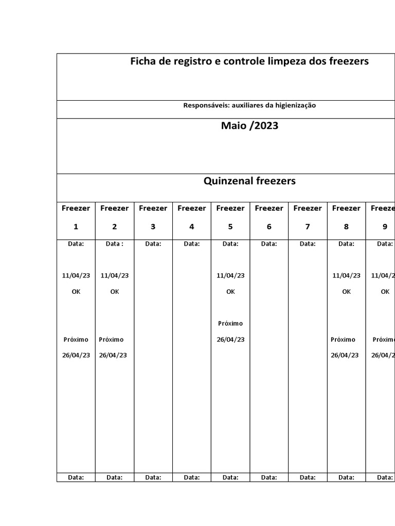 Ficha de Registro e Controle Limpeza Dos Freezers | PDF