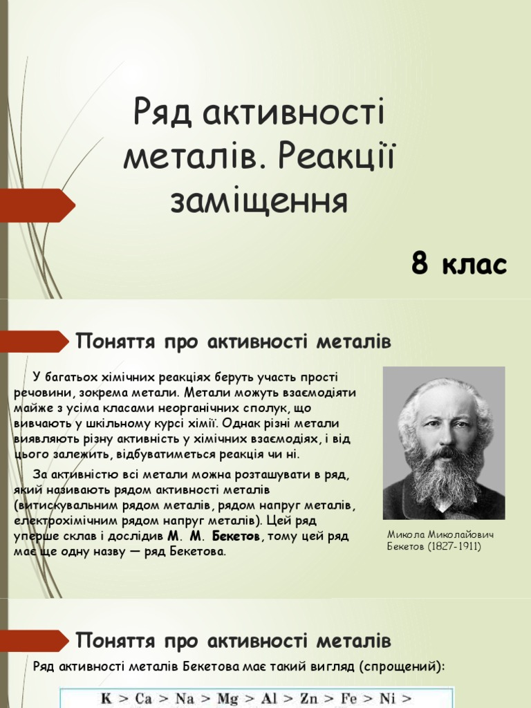 Ряд активності металів. Реакції заміщення | PDF