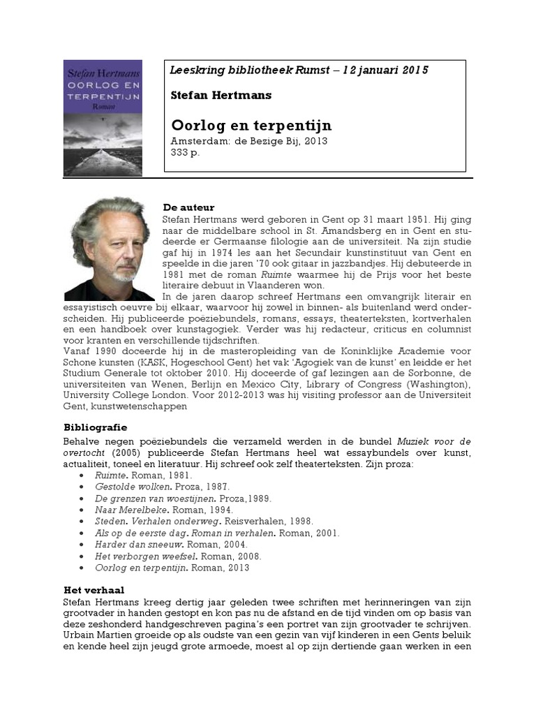 Beoordeling Oorlog en Terpentijn (Leeskring bibliotheek Rumst – 12 ...