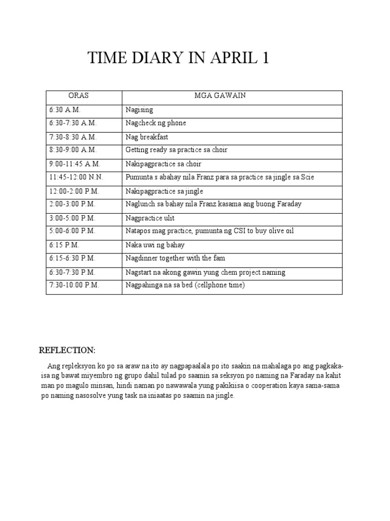 Time Diary in April 1: Reflection | PDF