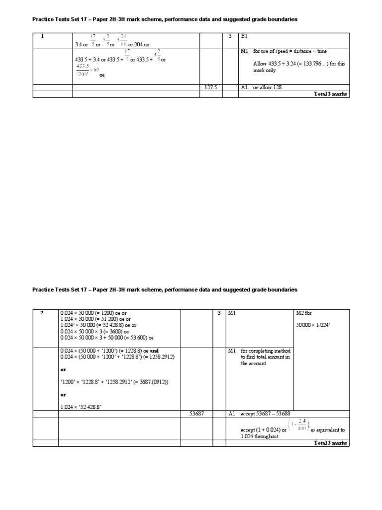 08 practice tests set 17 paper 2h 3h mark scheme pdf elementary