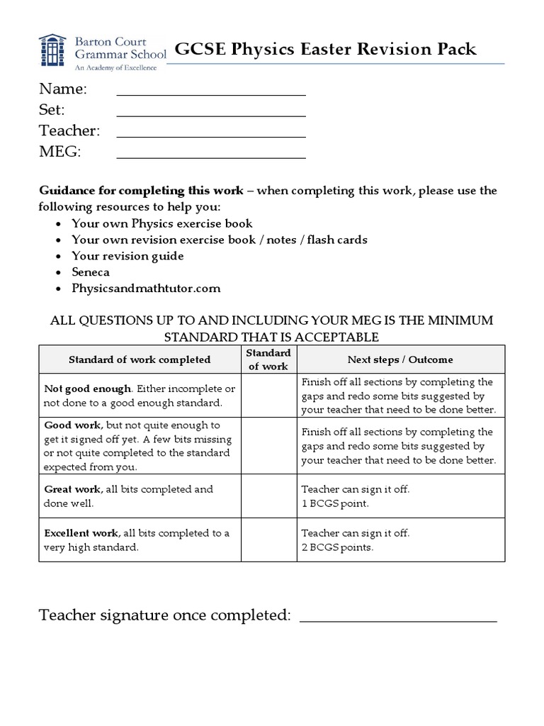 Gcse Physics Easter Revision Pack Pdf Force Waves