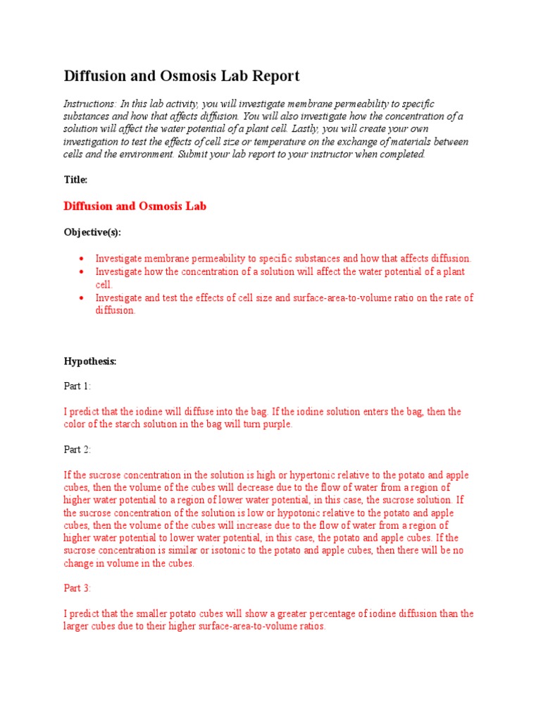 Diffusion and Osmosis Lab PDF Osmosis Physical Sciences