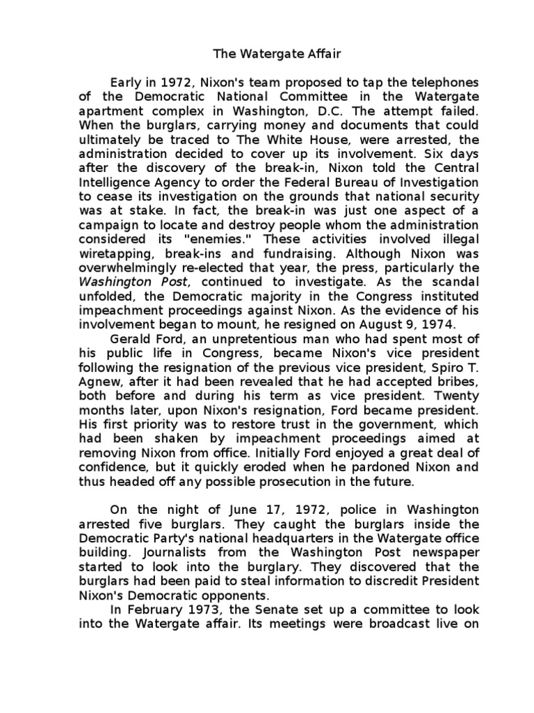 The Watergate Affair Reading and Questions PDF Watergate Scandal
