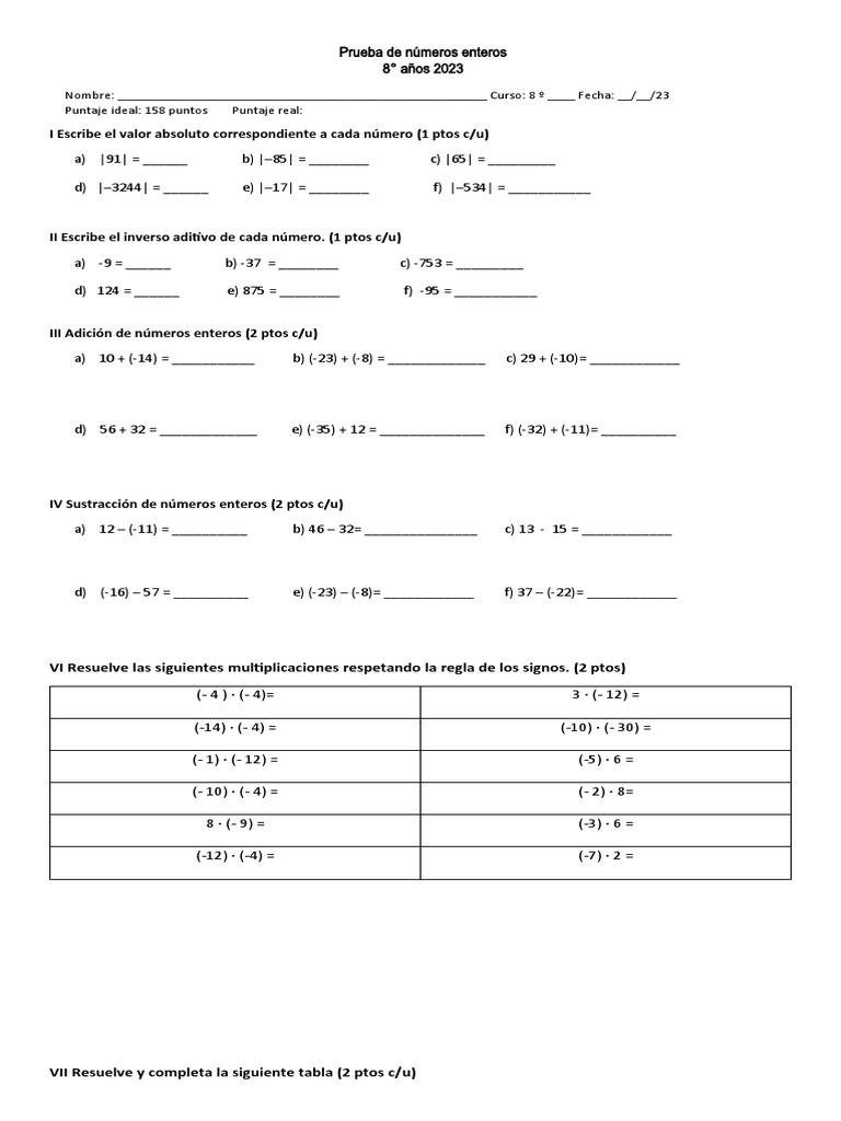 Prueba de Operaciones Básicas Con Números Enteros | PDF | Matemáticas ...