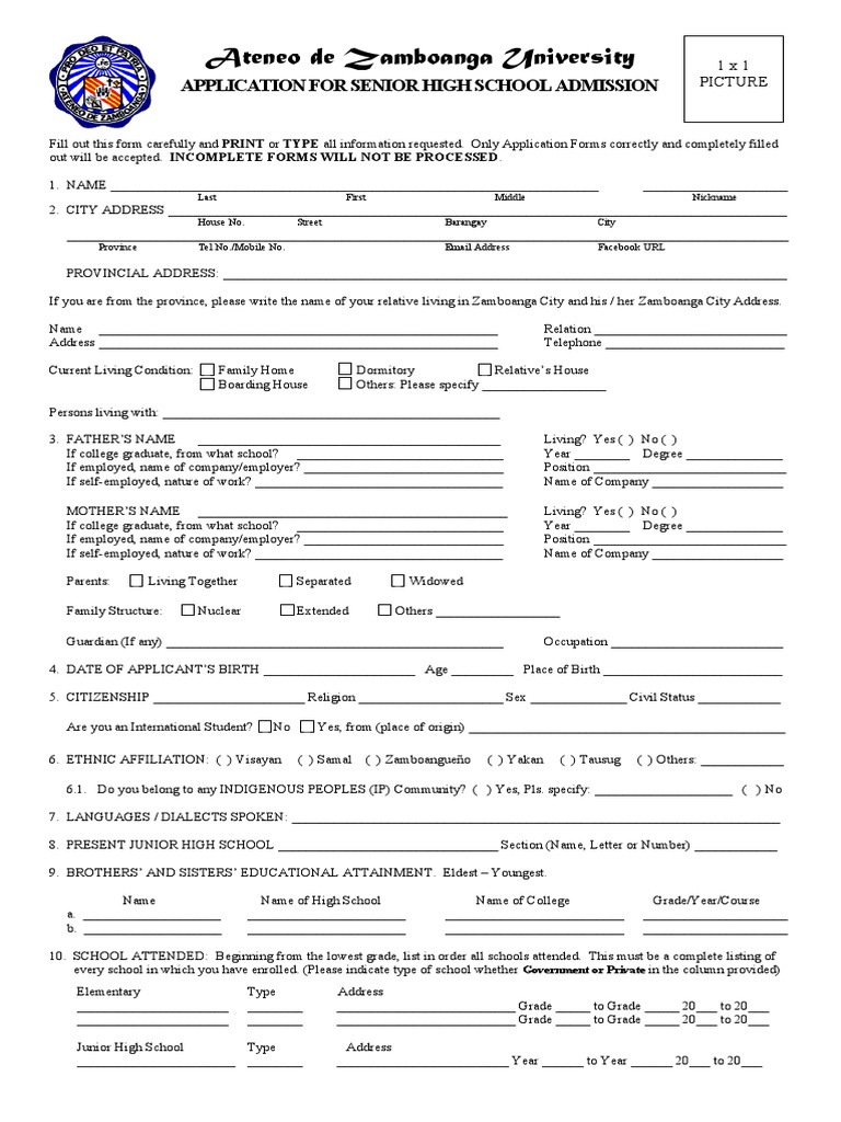 Ateneo de zamboanga university application for senior high school