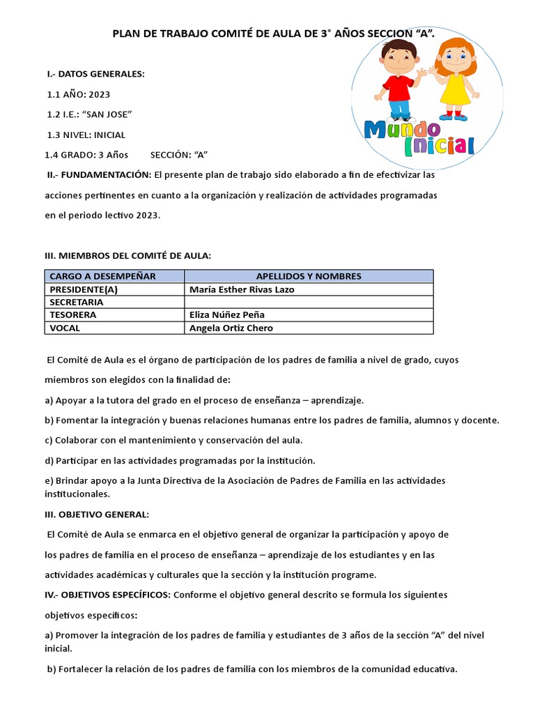 Plan de Trabajo Comité de Aula de 3 | PDF | Salón de clases | Enseñando
