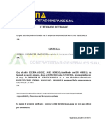 Certificado de Trabajo: El Que Suscribe, Administrador de La Empresa ANDINA CONTRATISTAS GENERALES S.R.L