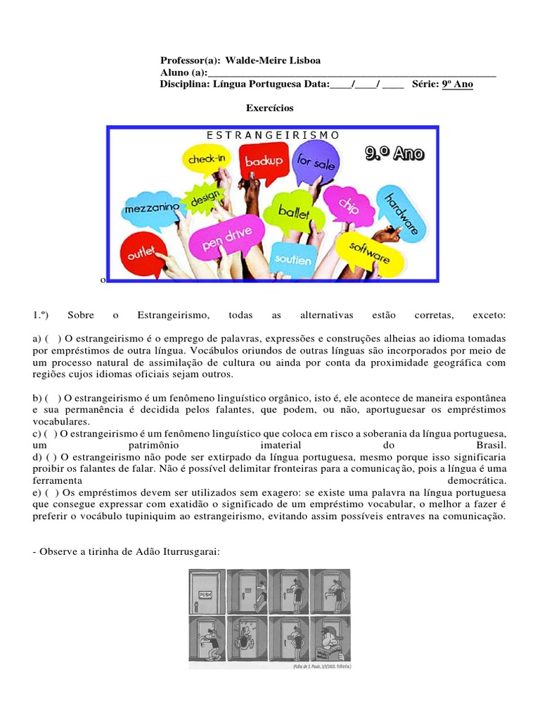 Exercício 9º Ano Estrangeirismo | PDF | Português (idioma) | Palavra
