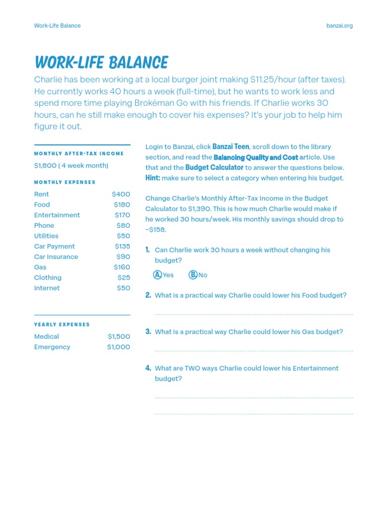 Work-Life Balance Worksheet 1 | PDF | Budget | Government Finances