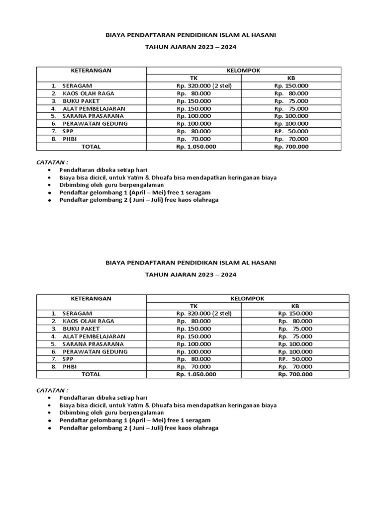 Biaya Pendaftaran Al Hasani 2023 PDF