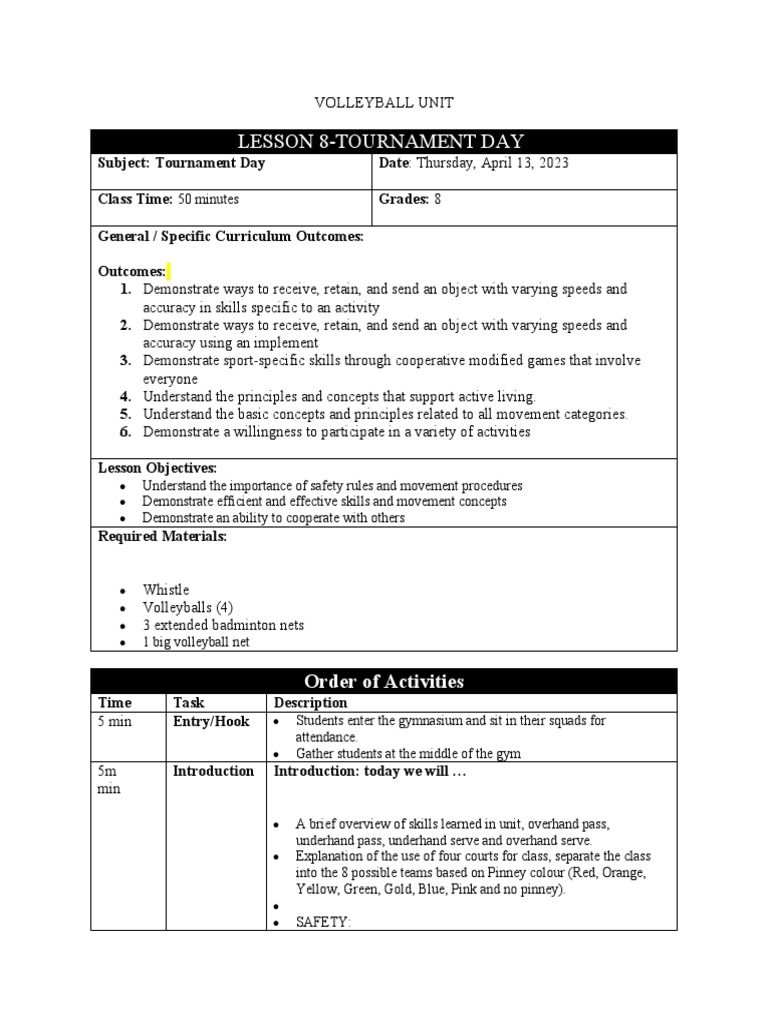 VOLLEYBALL Lesson Plan8 Tournament Day PDF Volleyball Cognitive