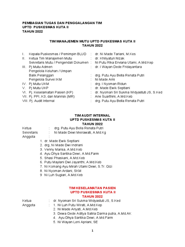 Struktur Tim UPTD Puskesmas Kuta II 2022 | PDF | Kesehatan Holistik
