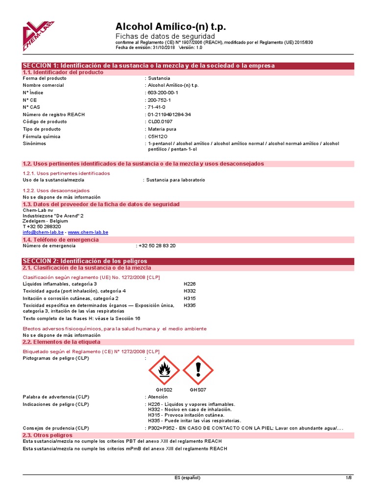 Alcohol Amílico - (N) T.P.: Fichas de Datos de Seguridad | PDF
