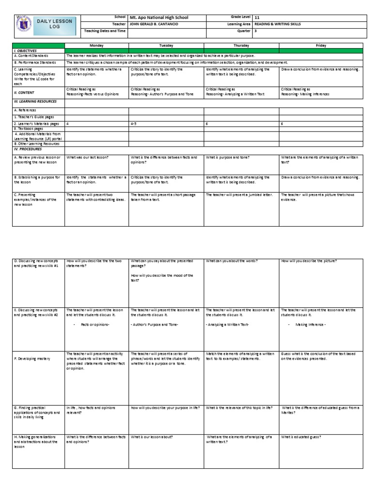 Grade 11 Reading & Writing Skills Plan | PDF | Writing | Learning