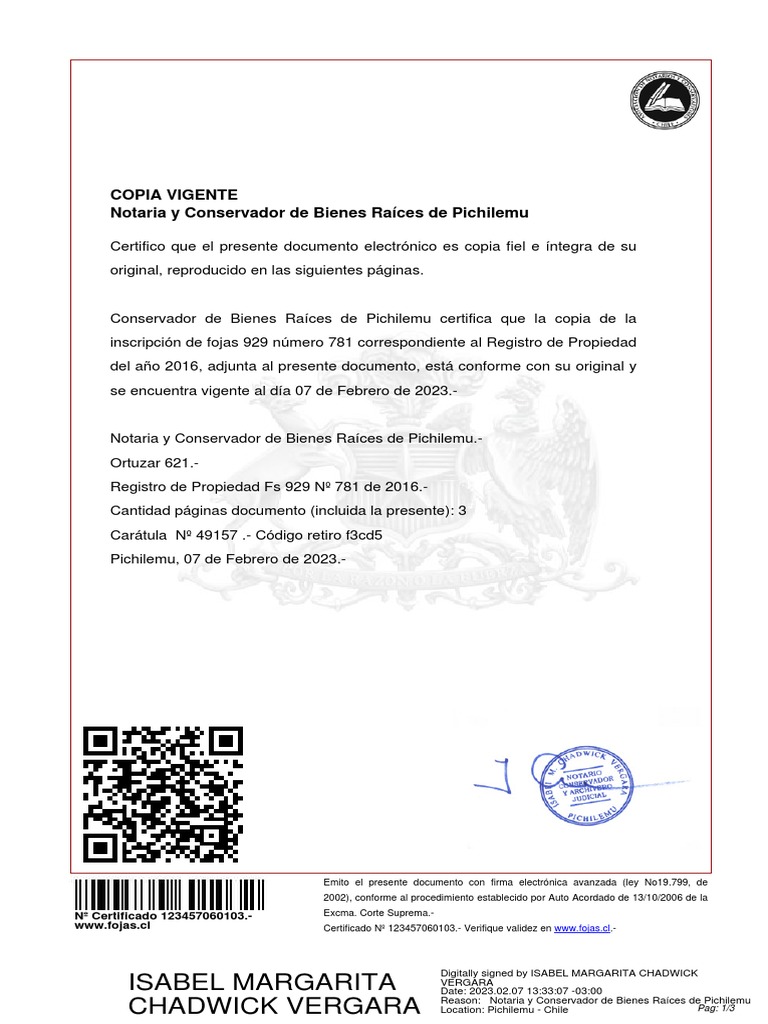 Isabel Margarita Chadwick Vergara Copia Vigente Notaria y Conservador