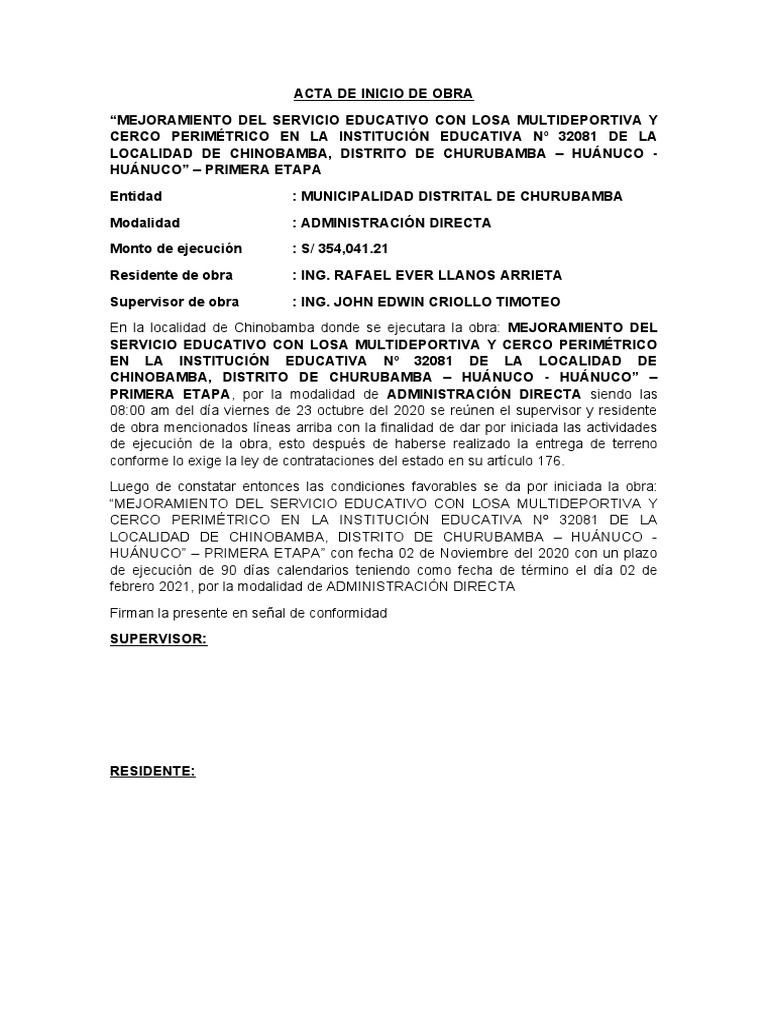 ACTA DE INICIO DE OBRA Cerco | PDF | Hogar, jardinería y bricolaje