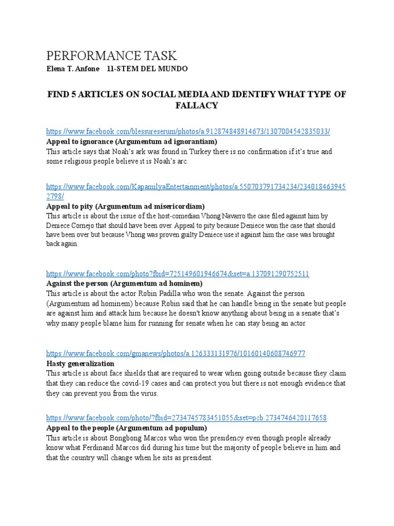 Performance task find 5 articles on social media and identify what