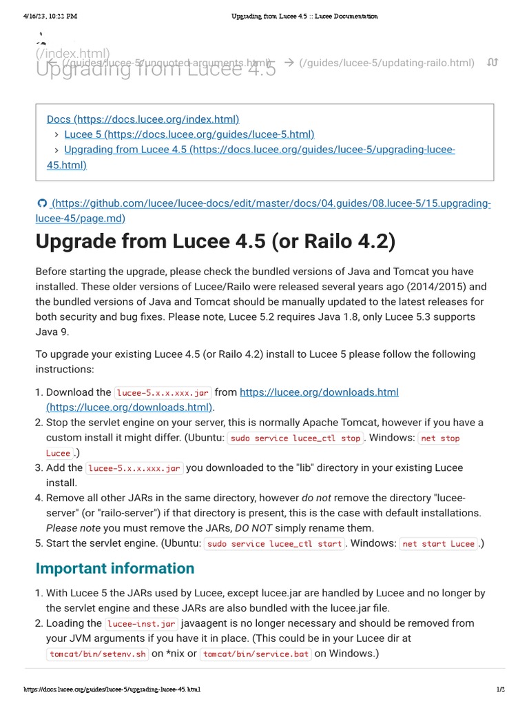 Upgrading Lucee 4.5 to 5 Guide | PDF | Java (Programming Language ...