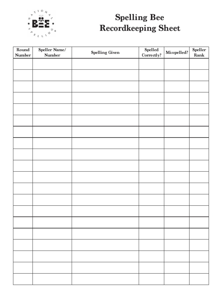 Spelling Bee Recordkeeping Sheet PDF