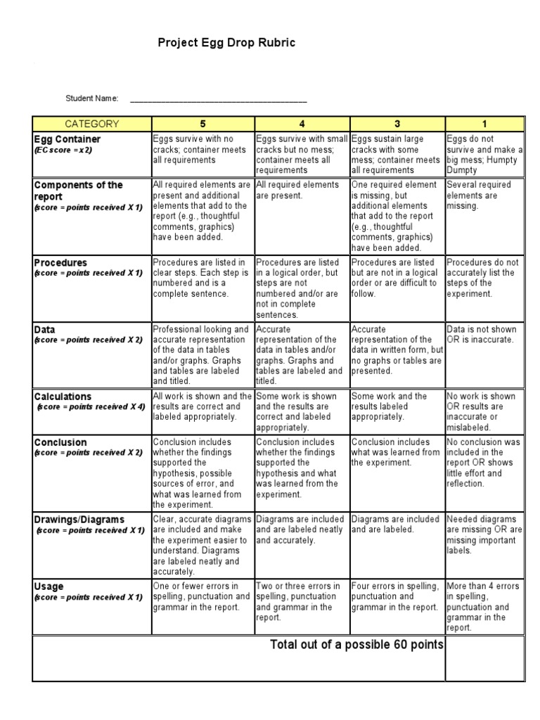 Project Egg Drop Rubric Category PDF Newton's Laws Of Motion Physics
