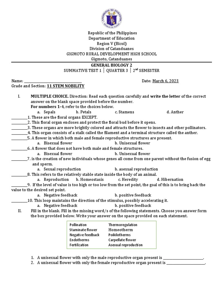 General Biology 2 Q3 Summative Test 1 | PDF | Flowers | Reproduction