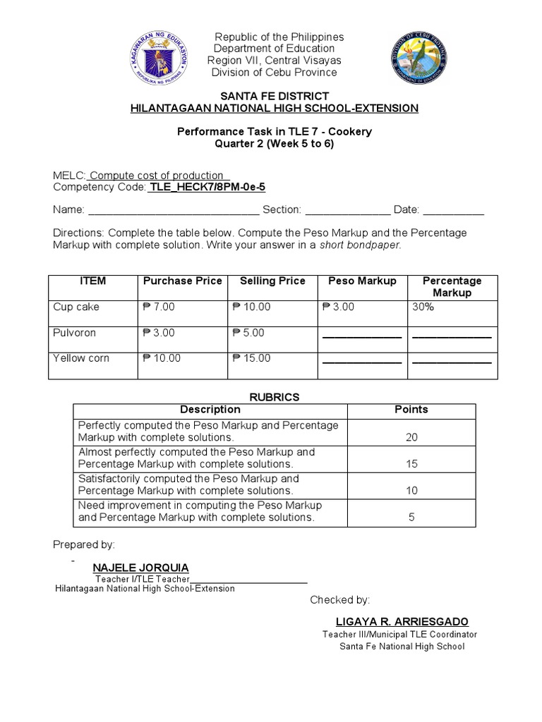 Performance Task Cookery W5 6 Pdf Economies Business Economics